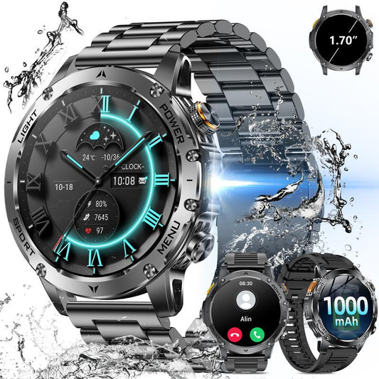 Men's Military Style Smartwatch with 1100mAh Battery, 1.7" AMOLED Display, LED Flashlight, IP68 Waterproof, Fitness Watch with Call Function, 110+ Sports Modes, Heart Rate/Sleep Monitoring, Compatible with iOS and Android