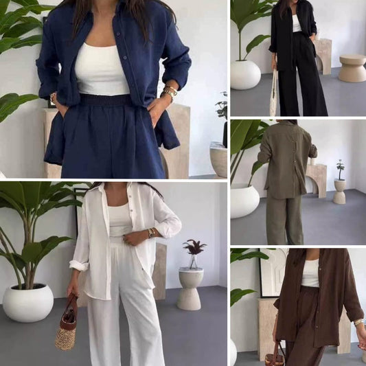 ✨ Effen Tweedelig Set – Losse Blouse en Wijdbeense Broek in Perfecte Harmonie. Strakke Elegantie voor Alledag.