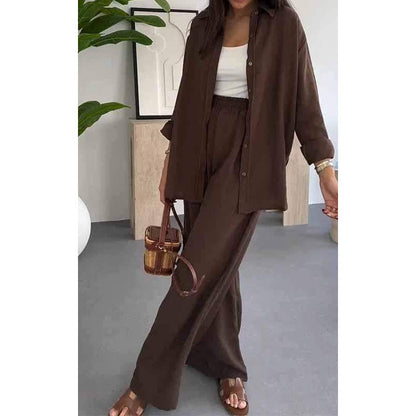 ✨ Effen Tweedelig Set – Losse Blouse en Wijdbeense Broek in Perfecte Harmonie. Strakke Elegantie voor Alledag.