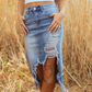 💙40% KORTING! 💎 Dames Hoge Taille Gescheurde Denim Midi Rok – Asymmetrische Zoom, Distressed Details & Flatterende Pasvorm 👖✨