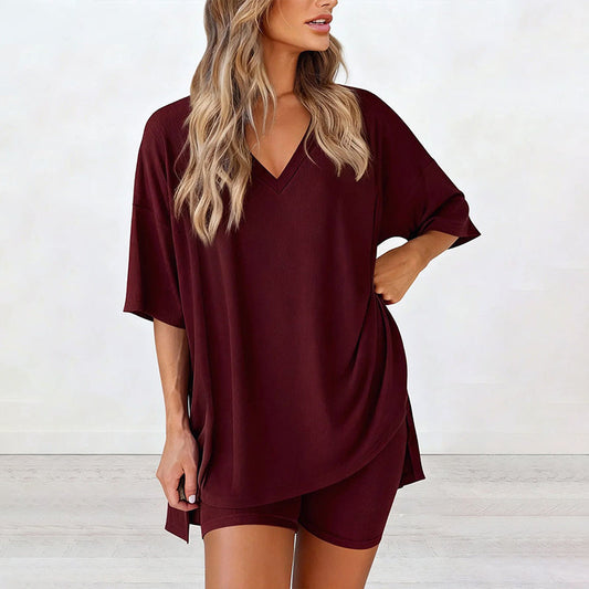 👚 50% KORTING ! ✨ Dames Lounge Set met V-hals – Losse Pasvorm, Kreukvrij & Zijdezacht 🛋️