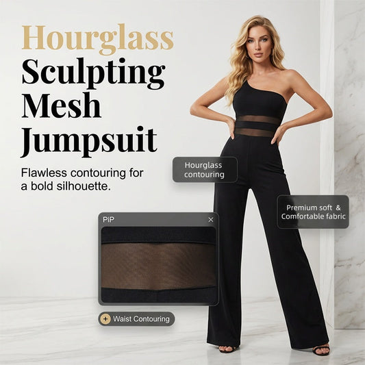 🔥 50% KORTING – One-Shoulder Jumpsuit met Mesh Paneel & Wijde Pijpen | Elegant, Luchtig en Flatterend voor Elke Gelegenheid ✨👗
