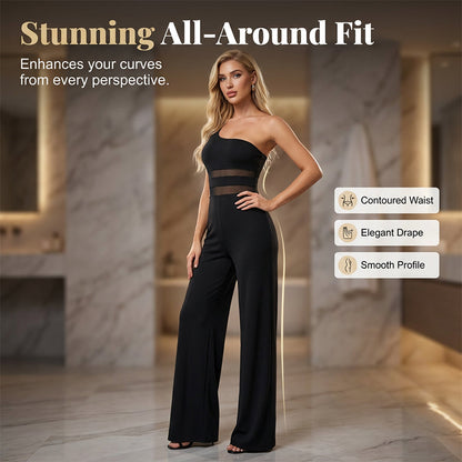 🔥 50% KORTING – One-Shoulder Jumpsuit met Mesh Paneel & Wijde Pijpen | Elegant, Luchtig en Flatterend voor Elke Gelegenheid ✨👗