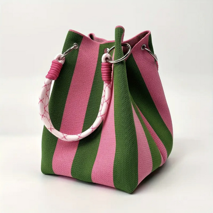 👜 TIJDELIJK 50% KORTING! ✨ Gestreepte gebreide emmertas – Handgeweven, touwhengsels, ruim ✨