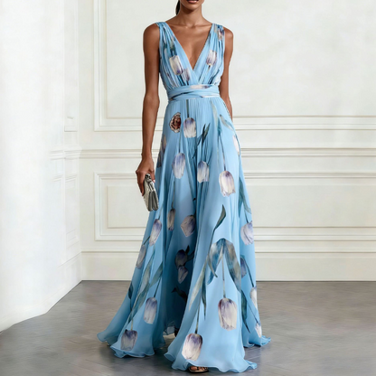 🌼Elegante V-hals tulpprint maxi-jurk