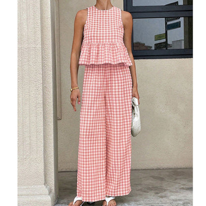 🌞 Zomernieuwtjes – Nu tot 50% korting! 💰 Dames Tweedelig Set met Ruitpatroon – Ruche Top & Broek