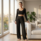 Dames Casual Crop Top & Wijde Broek Set