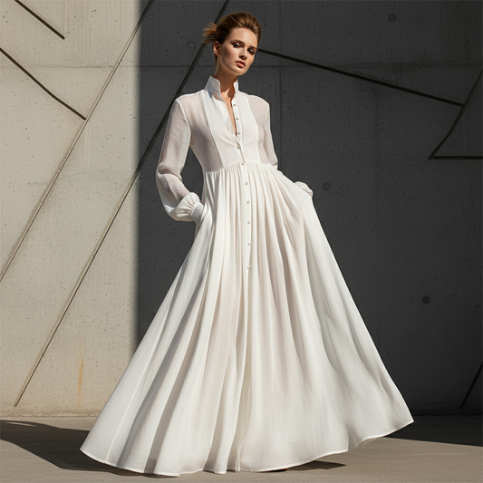 👗 BEPERKTE AANBIEDING 50% KORTING! ✨ Elegante Witte Geplooide Maxi Jurk met Hoge Hals – Franse Stijl & Getailleerd Silhouet 🌸