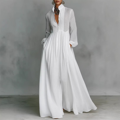 👗 BEPERKTE AANBIEDING 50% KORTING! ✨ Elegante Witte Geplooide Maxi Jurk met Hoge Hals – Franse Stijl & Getailleerd Silhouet 🌸