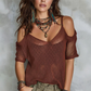 👕 TIJDELIJK 50% KORTING! ✨ Dames Cold-Shoulder Gebreide Top – Open Breiwerk, Boheems, Zomer ✨