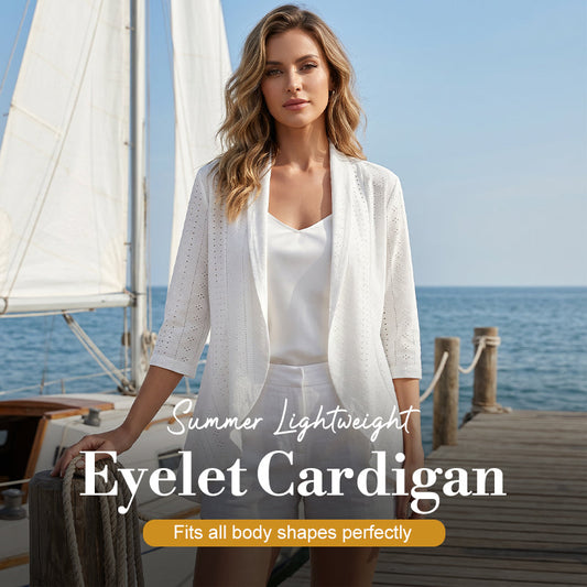 🧥 NU 50% KORTING! ✨ Lichte Oogjespatroon Cardigan – Ademend, open & ideaal voor warme zomeravonden – Perfect over een strandjurk of top 🌊