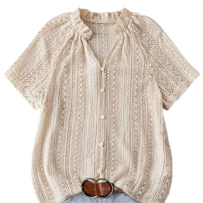 Zomerse Casual Gebreide Top met Knopen en Openwerk