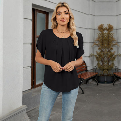 🌺 TIJDELIJK 50% KORTING! ✨ Dames Bloemblaadjes Mouw & Geplooide Hals Blouse – Wiegende, Elegante, Veelzijdige Top 🌿