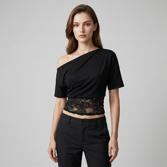 📢📢50% KORTING!! ⏰ Dames Één-Schouder Kant Patchwork Top