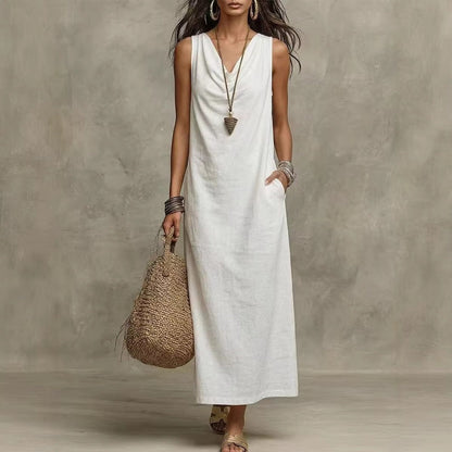 👗 TIJDELIJK 50% KORTING! ✨ Dames Mouwloze Maxi Jurk – Cowl Hals, 5 Kleuren, Zakken 🍁
