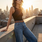 Dames Hoge Taille Wijde Pijp Denim Jeans