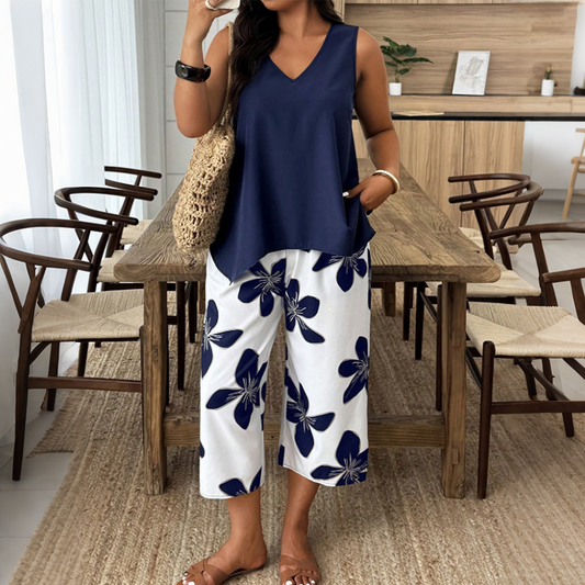 🌸 40% KORTING! ✨ Dames Asymmetrische Top & Bloemenprint Capribroek Set – Veelzijdig, Levendig, Comfortabel 🌺