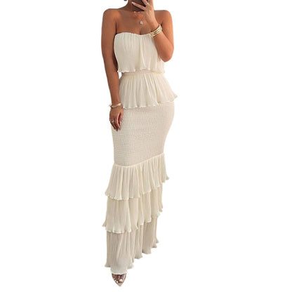 Dames Strapless Gelaagde Ruche Gesmockte Jurk