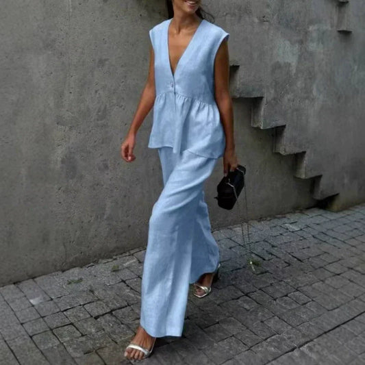 Dames V-hals Mouwloze Top & Wijde Broek Tweetelig Set