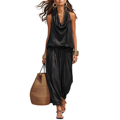 👗 TIJDELIJK 50% KORTING! ✨ Mouwloze Cowlneck Jumpsuit – Halter, Wijde Pijp, Elegant 🍷