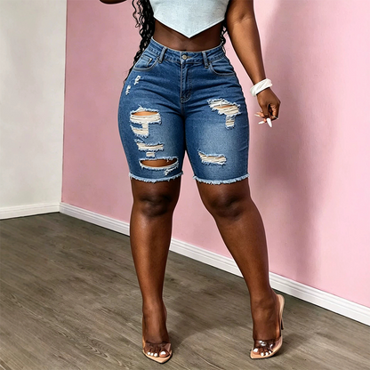 Dames Middelhoge Taille Gescheurde Denim Bermuda Shorts