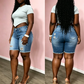 Dames Middelhoge Taille Gescheurde Denim Bermuda Shorts