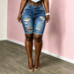 Dames Middelhoge Taille Gescheurde Denim Bermuda Shorts