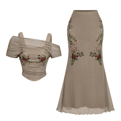 Dames Off-Shoulder Top & Vissenstaart Rok Set – Elegante Bloemen Mesh, Romantisch Silhouet