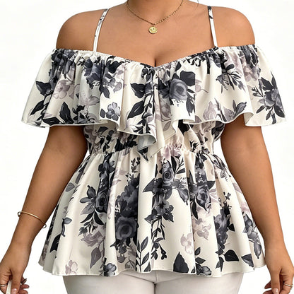 Dames Plus Size Bedrukte Off-Shoulder Ruche Cami Top – Elegant, Ademend, Zomers