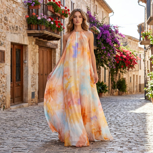 Dames Waterverf Droom Halter Maxi Jurk – Kleurrijk, Rugvrij, Vloeiend A-lijn Silhouet