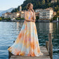 Dames Waterverf Droom Halter Maxi Jurk – Kleurrijk, Rugvrij, Vloeiend A-lijn Silhouet