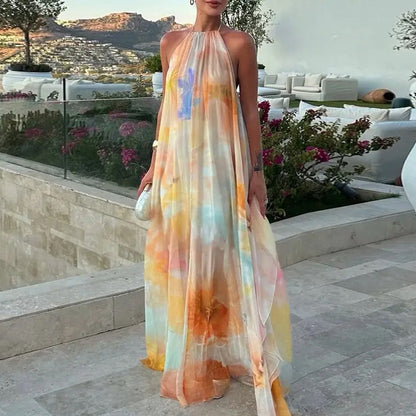 Dames Waterverf Droom Halter Maxi Jurk – Kleurrijk, Rugvrij, Vloeiend A-lijn Silhouet