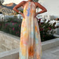 Dames Waterverf Droom Halter Maxi Jurk – Kleurrijk, Rugvrij, Vloeiend A-lijn Silhouet