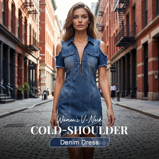 👖 TIJDELIJK, 50% KORTING! ✨ Dames koude schouder denim jurk – V-hals, vloeiend, boho 🌼