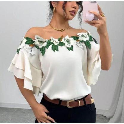 Dames Romantische Bloemen Ruche Mouw Top