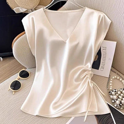 Dames Effen Kleur Zijdezachte V-Hals Top