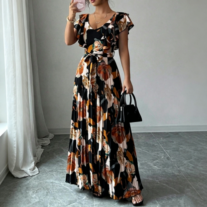 Dames Retro Bloemenprint Geplooide Maxi-jurk