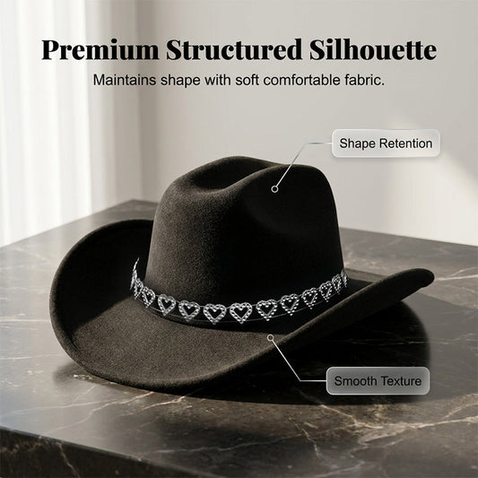 🤠 SCONTO DEL 50%! 💖 Cappello da cowboy da donna con cuore in strass – Elegante fedora in stile jazz francese – Dettagli scintillanti, leggero e regolabile – perfetto per festival, feste o per un look estivo chic 🎶