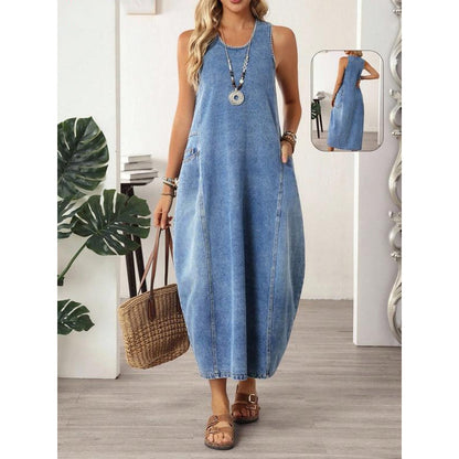 Vestito Maxi in Denim Senza Maniche da Donna con Tasche