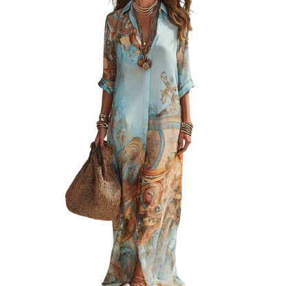 ⏰💰 50% DI SCONTO – Abito Maxi con Stampa Retrò Elegante | Scollo a V Boho + Vestibilità Fluente | Perfetto per Spiaggia e Vacanze 🌺🌊✨