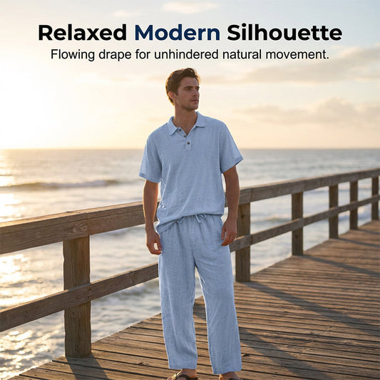 Men's Casual Linen Blend Shirt and Pants Set Loose Fit Beach Wear