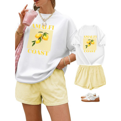 Women Summer Lemon Graphic T-Shirt and Striped Shorts Set